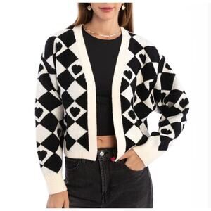 Saachi Checkered Hearts Cardigan Cropped Black White Open Front ONE SIZE